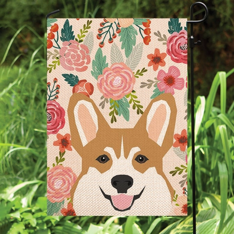 Drapeau de Jardin Corgi Double Face Imitation Lin Floral Motif Chien Décoration de Jardin Extérieur Drapeau de Bienvenue
