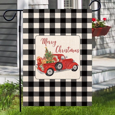 Merry Christmas Garden Flag Double Sided Linen Red Truck Buffalo Plaid Outdoor Yard Banner Winter Holiday Home Decoration