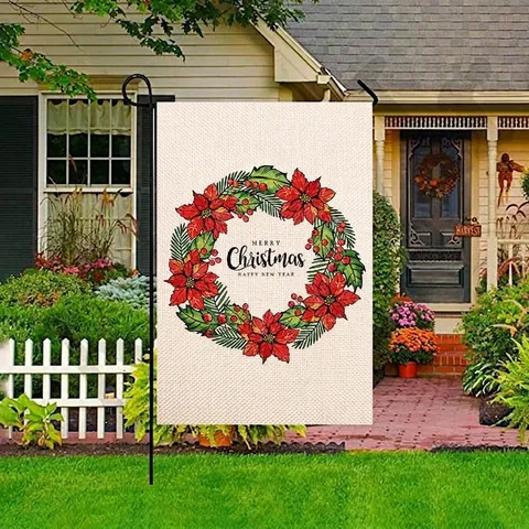 Bandera De Jardín De Navidad Lino Doble Cara Decoración Exterior Papá Noel Patrón De Árbol Cartel Rústico