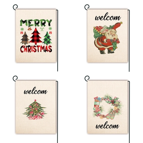 Bandera De Jardín De Navidad Lino Doble Cara Decoración Exterior Papá Noel Patrón De Árbol Cartel Rústico