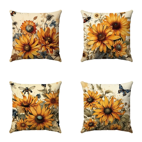 Vintage Sunflower Decorative Pillowcase Polyester Linen Square Cushion Cover For Sofa Living Room Home Decor Flower Bee Butterfly Print