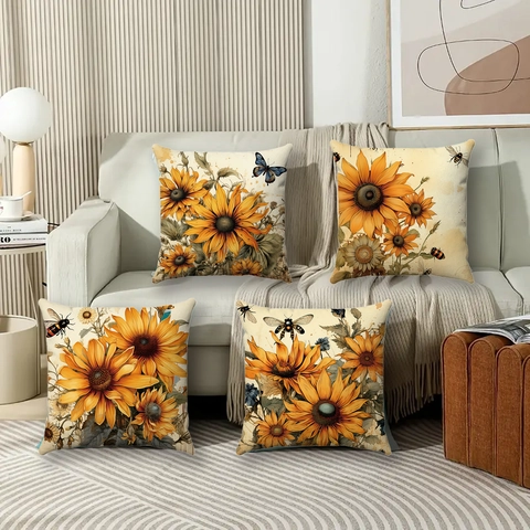 Vintage Sunflower Decorative Pillowcase Polyester Linen Square Cushion Cover For Sofa Living Room Home Decor Flower Bee Butterfly Print