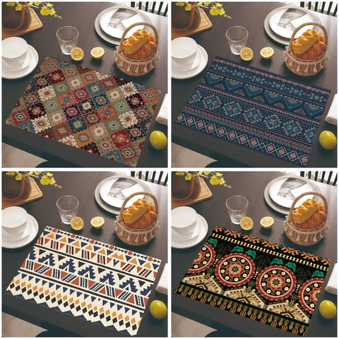 Set De Table En Lin Bohème Vintage Ethnique Géométrique Mandala Résistant À La Chaleur Décoratif Pour Cuisine