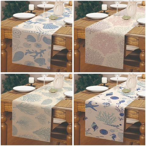 Chemin de Table en Lin Thème Océan Étoile de Mer Corail Coquillage Décoration Côtière pour Table de Cuisine et Salle à Manger