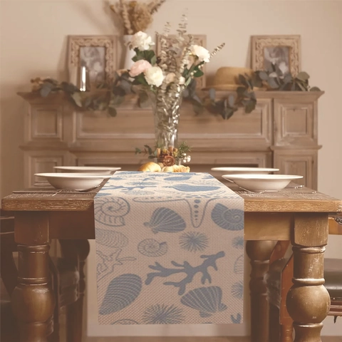 Chemin de Table en Lin Thème Océan Étoile de Mer Corail Coquillage Décoration Côtière pour Table de Cuisine et Salle à Manger