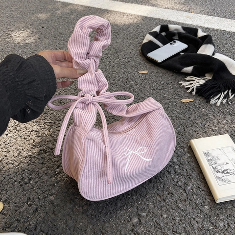 Women Corduroy Shoulder Bag With Bow Embroidery And Ruched Strap Korean Style Solid Color Underarm Bag Casual Fashion