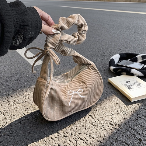 Women Corduroy Shoulder Bag With Bow Embroidery And Ruched Strap Korean Style Solid Color Underarm Bag Casual Fashion