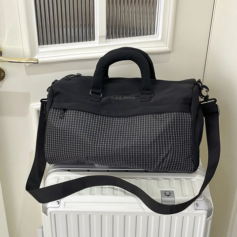 Borsa da Viaggio in Nylon di Grande Capacità da Donna Borsa da Palestra Sportiva Cilindrica Borsone da Weekend Patchwork a Griglia di Moda con Tracolla