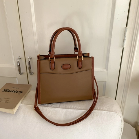 Retro Contrast Color Shoulder Bag PU Leather Large Capacity Tote Handbag With Adjustable Strap Stitching For Women Daily