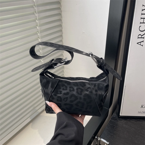 Borsa Sottoascellare in PU con Stampa Leopardata Grande Capacità per Donna Borsa a Spalla Retrò Stile Coreano Borsa a Tracolla di Moda