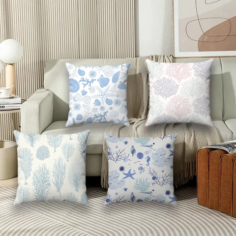 Funda de Almohada Cuadrada Estampada de Vida Marina Estrella de Mar Concha Coral Funda de Cojín de Poliéster Súper Suave para Decoración de Sala y Dormitorio