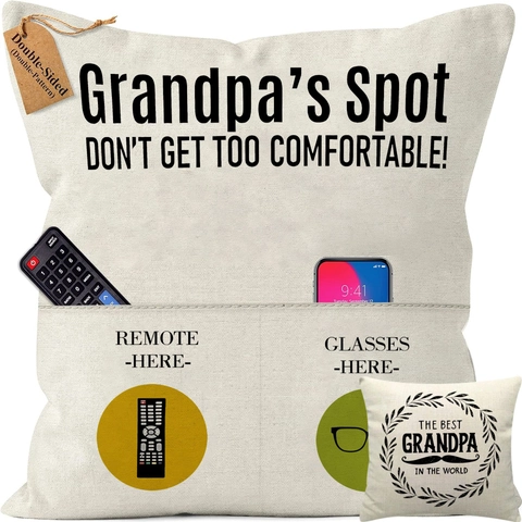 Grandpa's Spot Remote Control Holder Cushion Cover With Pocket Linen Style Double Sided Decorative Pillowcase