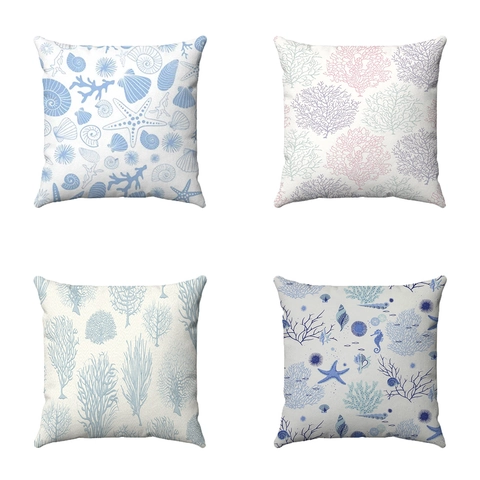 Funda de Almohada Cuadrada Estampada de Vida Marina Estrella de Mar Concha Coral Funda de Cojín de Poliéster Súper Suave para Decoración de Sala y Dormitorio
