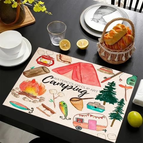 Tovagliette In Misto Lino E Cotone Resistenti Al Calore Antiscivolo Per Tavolo Da Pranzo Tema Campeggio Camper Safari Estivo Stampate