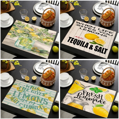 Manteles Individuales de Lino Con Patrón de Limón de Verano para Mesa de Comedor Alfombrillas Decorativas de Cocina