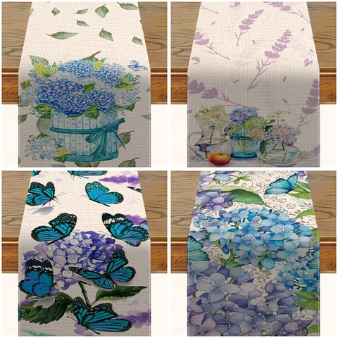 Camino de Mesa de Lino Pastoral Verano Iris Hortensia Flor Mariposa Mantel Estampado Para Cocina Comedor Hogar Decoración de Mesa