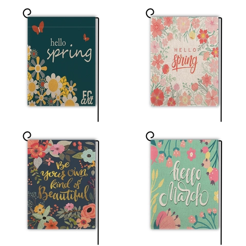 Drapeau de Jardin en Lin Double Face Imprimé Floral Printemps Été Vertical Bannières de Décoration Extérieure Avec Support Métallique