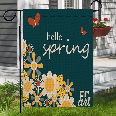 Drapeau de Jardin en Lin Double Face Imprimé Floral Printemps Été Vertical Bannières de Décoration Extérieure Avec Support Métallique