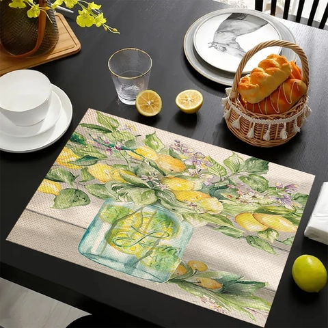 Manteles Individuales de Lino Con Patrón de Limón de Verano para Mesa de Comedor Alfombrillas Decorativas de Cocina