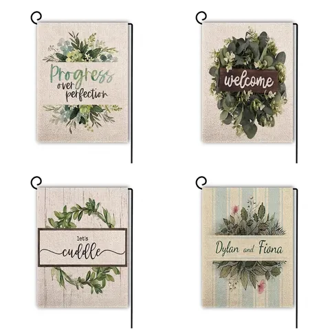 Double Sided Linen Garden Flag Eucalyptus Leaf Floral Welcome Yard Decor Hanging Banner With Metal Stand