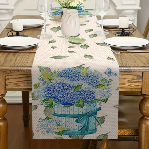 Camino de Mesa de Lino Pastoral Verano Iris Hortensia Flor Mariposa Mantel Estampado Para Cocina Comedor Hogar Decoración de Mesa