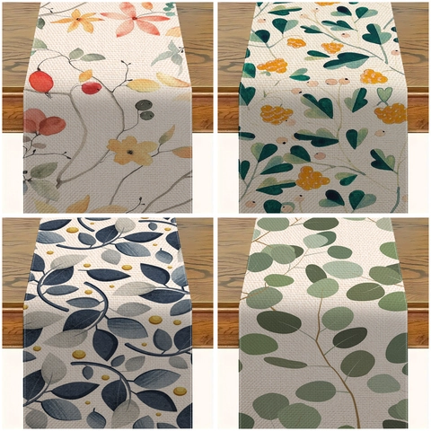 Moderne Linnen Tafelloper Eucalyptusblad Botanische Bloemenprint Huis Keuken Eetkamer Tafeldecoratie Voor Feest Bruiloft