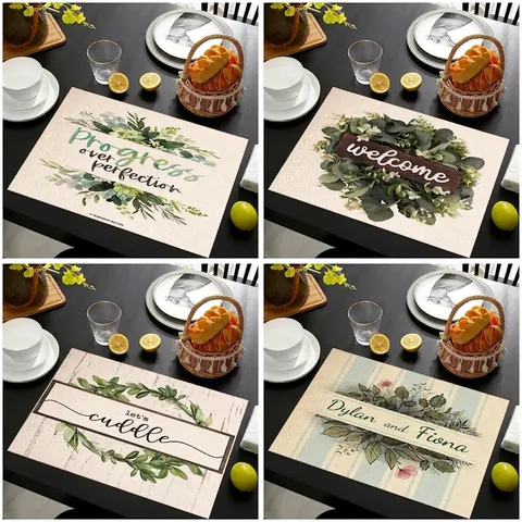 Nordic Minimalist Linen Placemat Eucalyptus Plant Letter Print Heat Resistant Rectangular Table Mat Home Kitchen Decoration