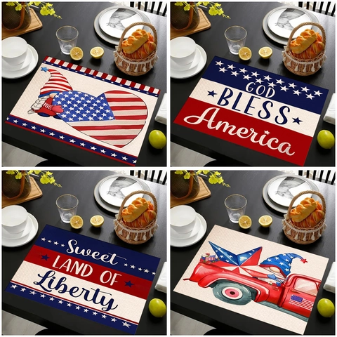 Independence Day Placemats Linen Patriotic US American Flag Gnome Stars Stripes Heat Resistant Table Mats For Dining Kitchen