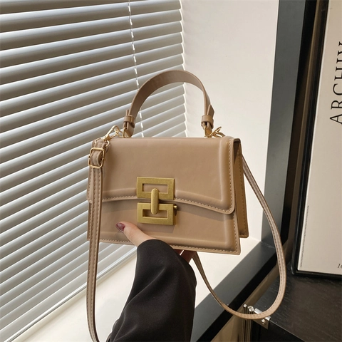 Bolso Bandolera de Cuero PU Vintage para Mujer Bolso de Hombro Cuadrado de Moda con Hebilla de Bloqueo Bolso de Mano con Cadena