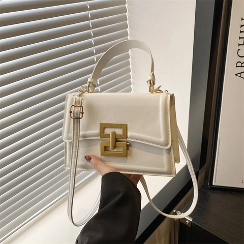 Bolso Bandolera de Cuero PU Vintage para Mujer Bolso de Hombro Cuadrado de Moda con Hebilla de Bloqueo Bolso de Mano con Cadena