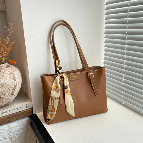 Bolso de Compras Grande Minimalista Vintage de Cuero PU para Mujer Color Sólido Bolso de Hombro Con Pañuelo de Seda Oficina