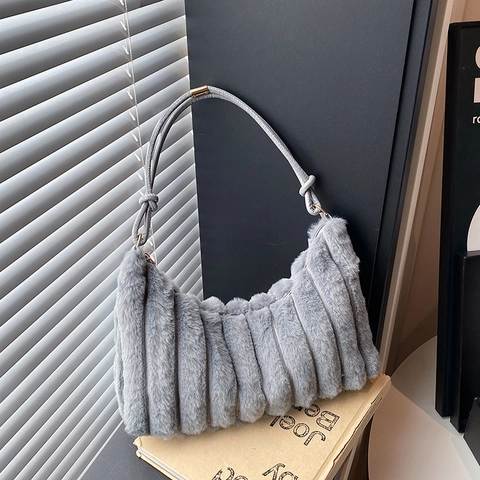 Damen Winter Plüsch Kunstpelz Schultertasche Große Kapazität Streifen Plissiert Unterarm Tasche Mit Knoten Riemen Mode Handtasche