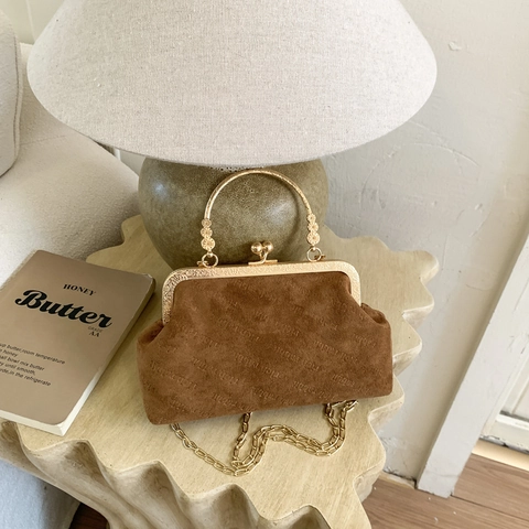 Vintage Suède Textuur Kiss Lock Avondtas Voor Dames Met Gouden Metalen Frame Ronde Handgreep En Ketting