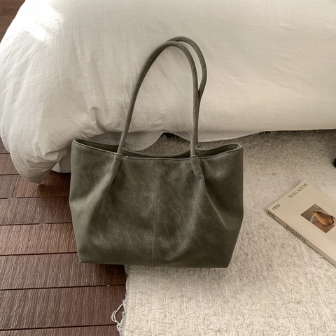Bolso Tote de Cuero PU de Gran Capacidad para Mujer Bolso de Hombro Casual Retro de Color Sólido Con Colgante de Cuentas