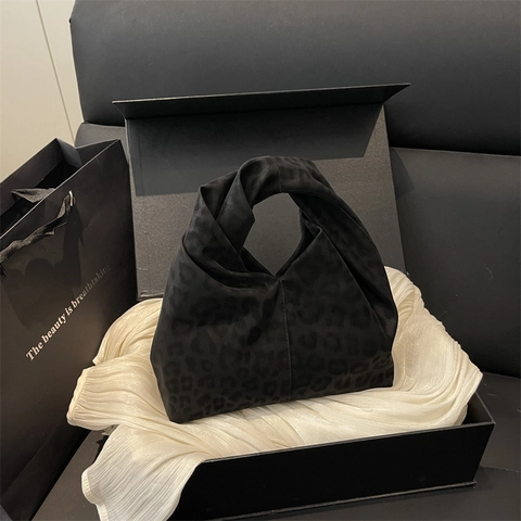 Sac à Main Imprimé Léopard pour Femme avec Poignée Nouée Tissu Suédine Vintage Sac Fourre-Tout Grande Capacité pour Quotidien