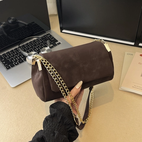Borsa a Tracolla Vintage in PU Effetto Camoscio da Donna Cinturino a Catena Dorata Grande Capacità Borsa a Spalla Retro Patta