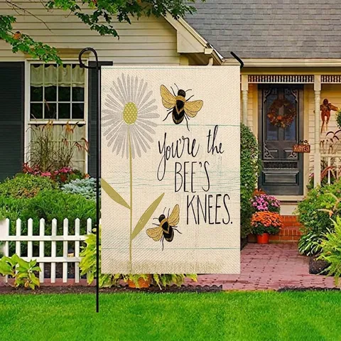 Bandera de Jardín de Lino Vintage Abeja Flor Doble Cara Decoración de Patio Exterior Banner Con Soporte de Gancho de Metal Hogar