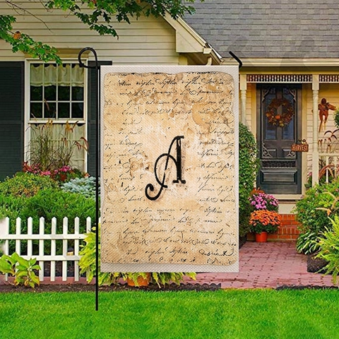 Vintage Alphabet Garden Flag Double Sided Linen Letter Outdoor Yard Decor With Metal Stand Beige Rustic Garden Banner
