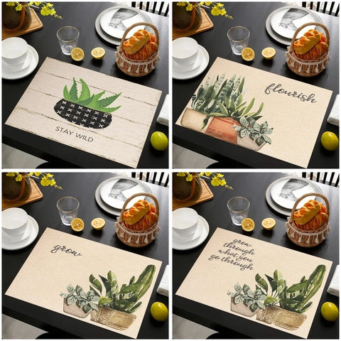 Linen Green Plant Printed Placemat Heat Resistant Rectangular Table Mat For Kitchen Dining Room Home Decoration