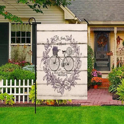 Drapeau de Jardin Lavande et Vélo Style Campagne Française Double Face en Lin Décoration de Cour Extérieure Avec Support