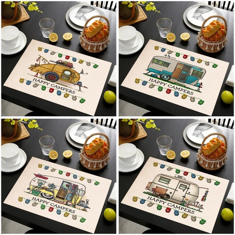 Vintage Camper Van Pattern Linen Cotton Blend Placemats Happy Campers Table Mats With Owl Decor Heat Resistant For Dining Room
