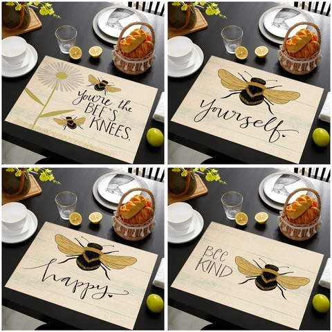 Summer Bee Pattern Linen Placemat Heat Resistant Washable Table Mat Bee Kind Happy Yourself Floral Printed Decor For Kitchen Dining
