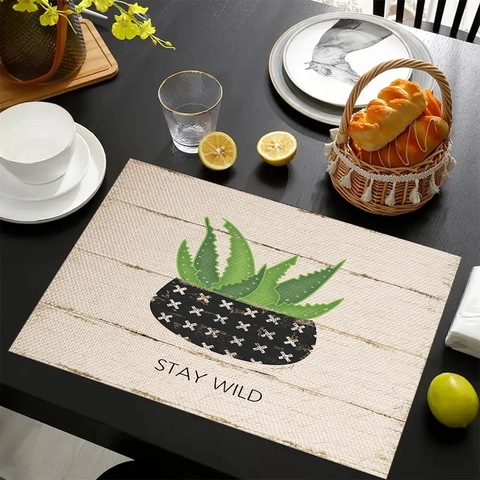 Linen Green Plant Printed Placemat Heat Resistant Rectangular Table Mat For Kitchen Dining Room Home Decoration