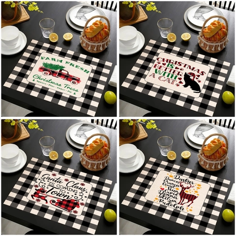 Christmas Linen Placemats Buffalo Plaid Heat Resistant Rectangular Table Mats For Kitchen Dining Room Home Holiday Decoration