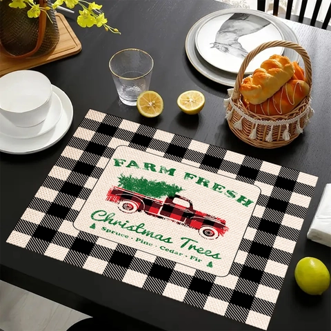 Christmas Linen Placemats Buffalo Plaid Heat Resistant Rectangular Table Mats For Kitchen Dining Room Home Holiday Decoration