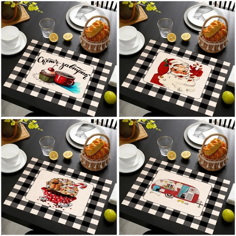 Christmas Linen Placemats Rectangular Heat Resistant Table Mat With Buffalo Plaid Border For Kitchen Dining Room Holiday Party Decor