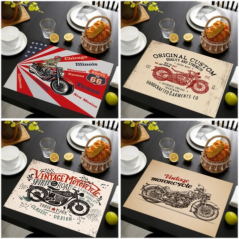 Vintage American Motorcycle Linen Place Mat Heat Resistant Non-Slip Table Mat For Kitchen Dining Room Home Decor