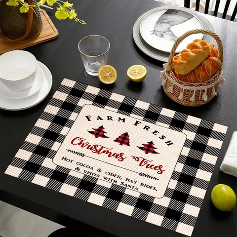 Manteles Individuales de Lino de Navidad Cuadros Buffalo Reno Copo de Nieve Resistentes al Calor Decoración de Cocina