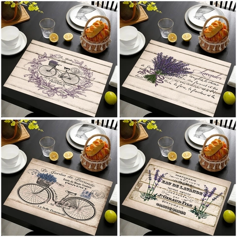 Sets de Table en Lin Lavande Style Rétro Français Vélo Motif Floral Résistants à la Chaleur Décoratifs pour Cuisine Salle à Manger Maison