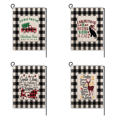 Bandiera da Giardino di Natale Doppia Faccia Quadri Bianco e Nero Lino Esterno Cortile Bandiera Decorativa Albero di Natale Renna